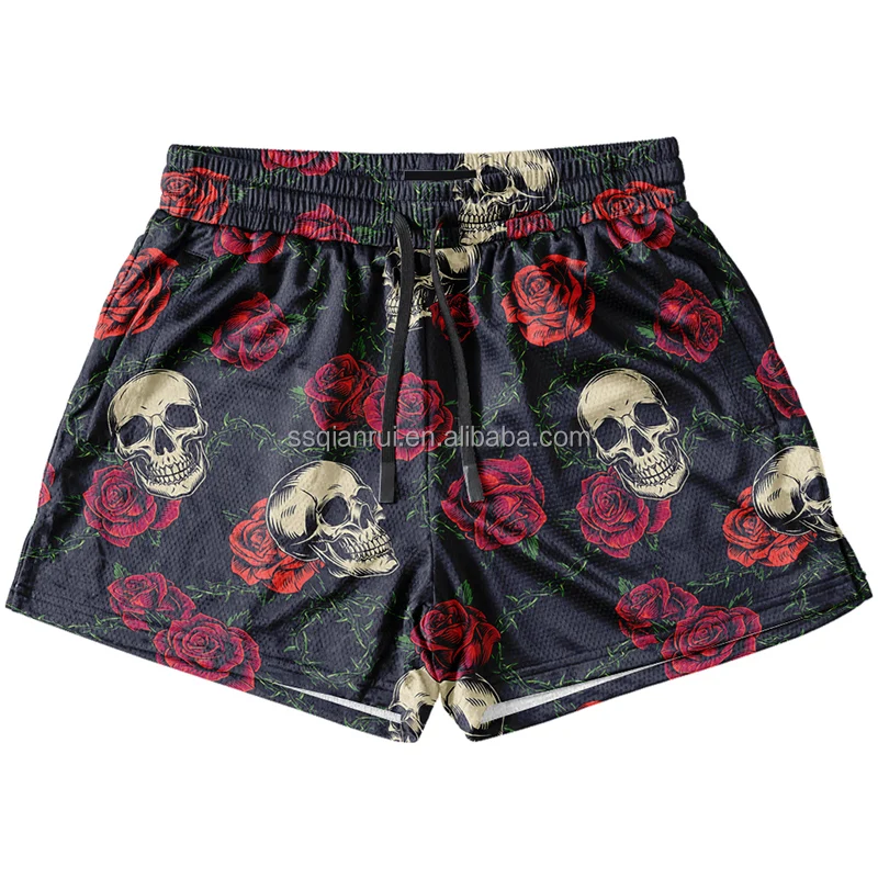 High Quality Muay Thai Shorts Men Double-layer Breathable Mesh Gym Shorts Skull Print Mesh Shorts