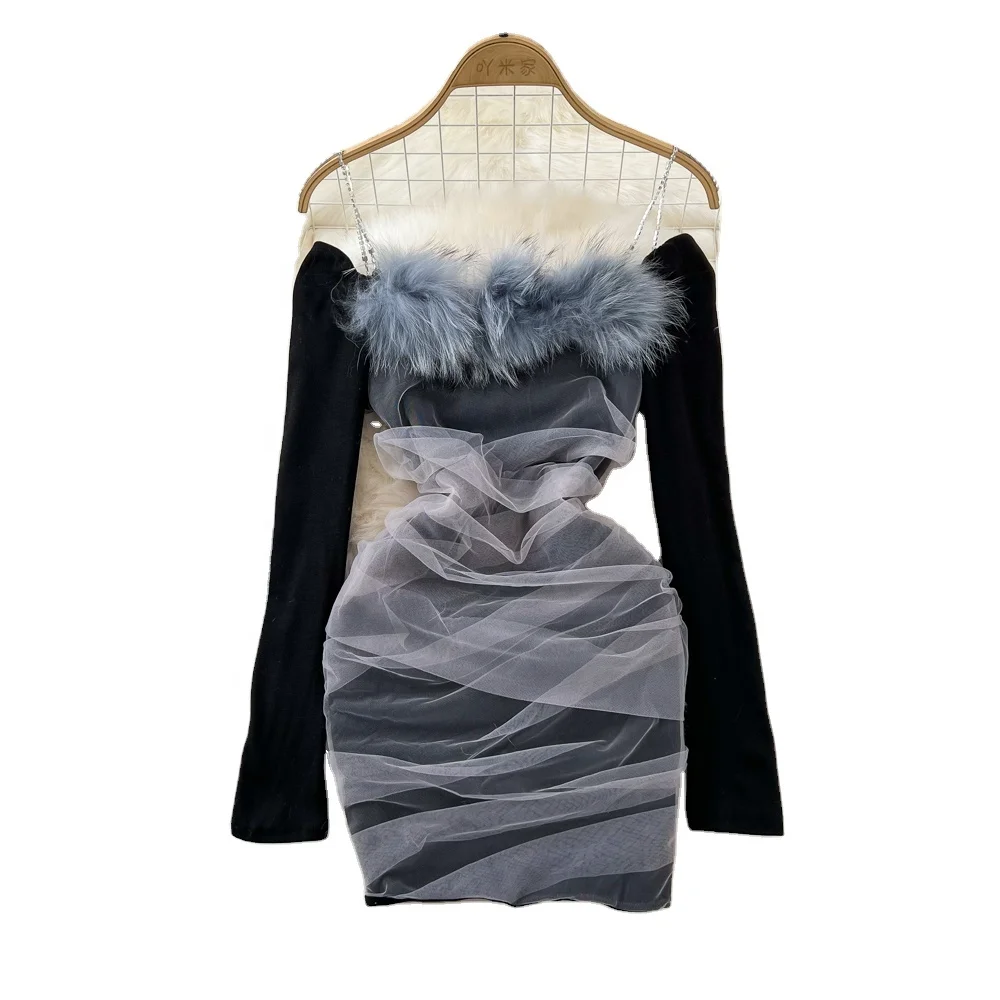 

New 2024 Vestido Women's New Fashion Sexy Fur Collar Dress Prom Dresses Party Dress