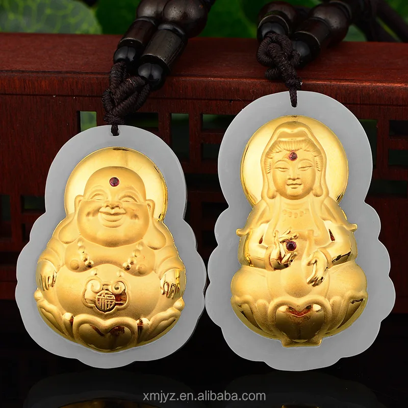 

Certified Gold Inlaid Jade Guanyin Buddha Pendant Hetian Black Inlaid Pure Thick Men And Women Couple Necklace Buddha Pendant