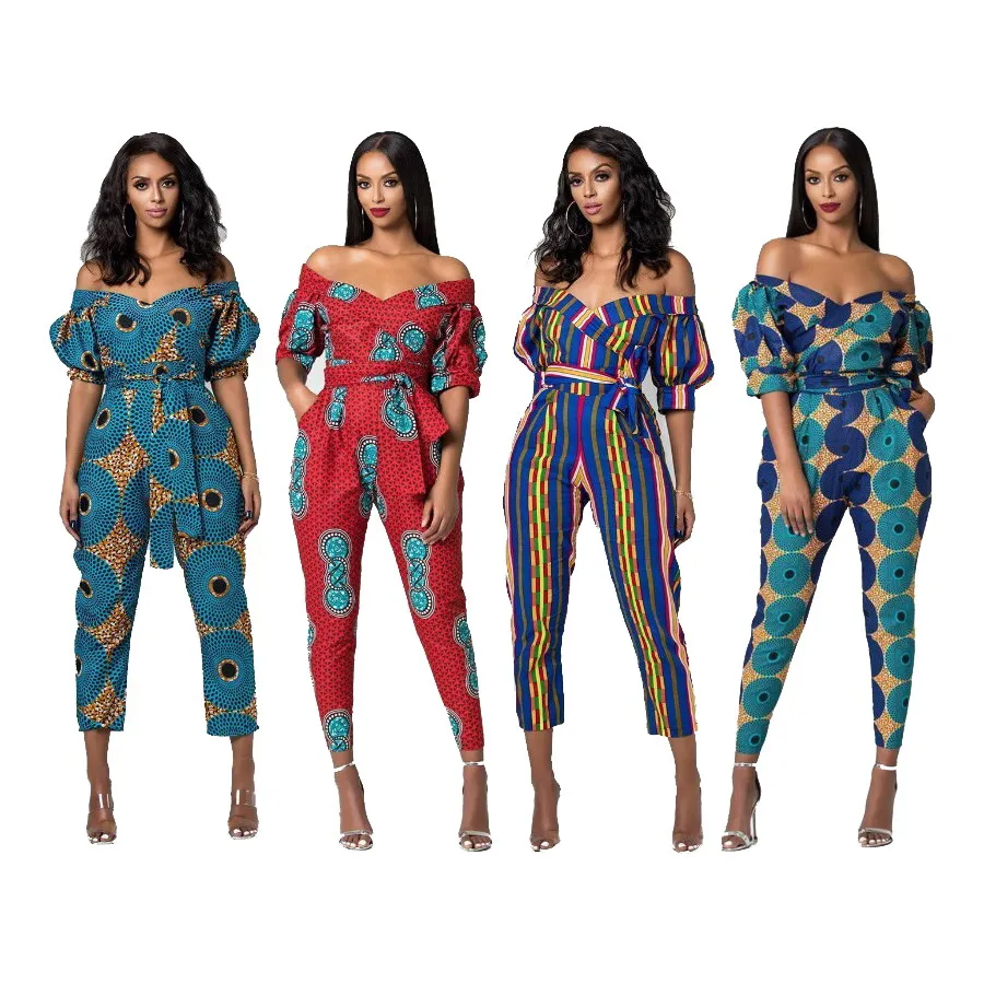 

Foma FKAA001 African women clothes digital print sexy off shoulder romper one piece jumpsuit with belt, 4 colors