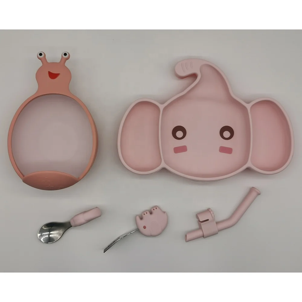 

Factory Hot Sales Kids Baby Silicone Feeding Tableware Set Silicone Plate+spoon & Fork+bowl+straw