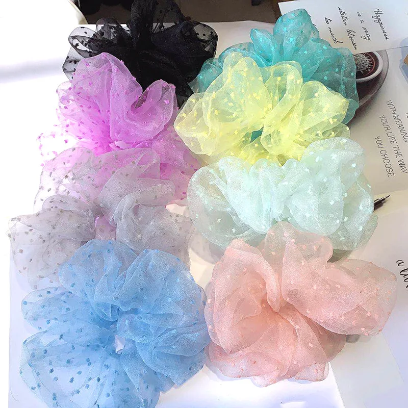 

Polka Dot Organza French Elegant Lady Hair Bands Elastic Women Mesh Oversized Scrunchies Hair Jewelry, 10 colors