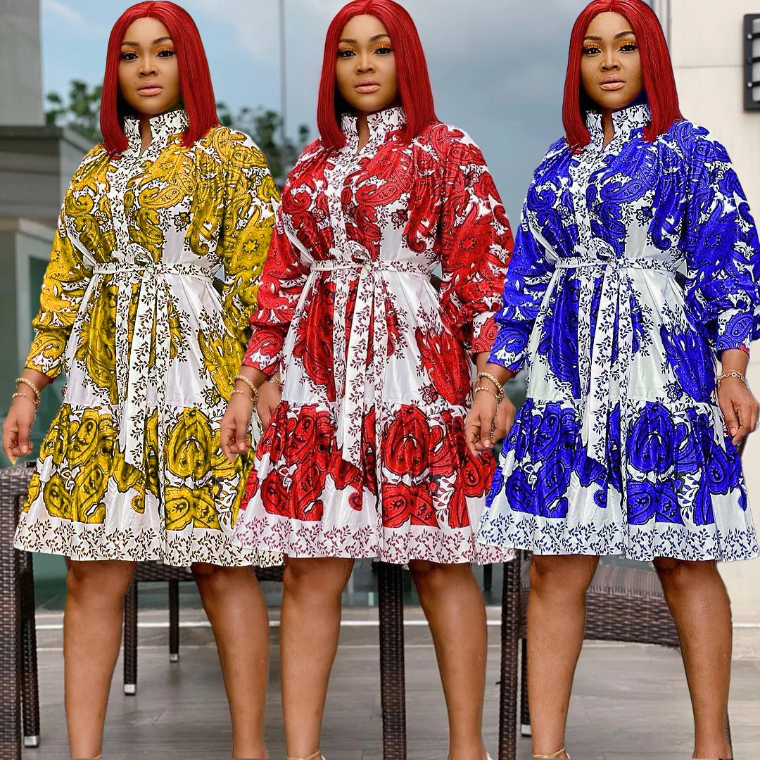 

2021 new fashion sexy African plus size women's ruffled nine-point sleeve printed dress