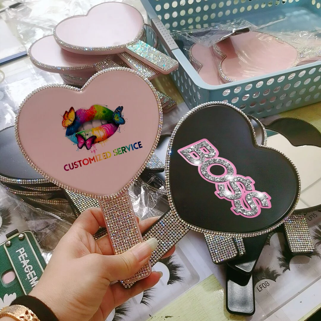 

Private Label Makeup Mirror Wholesale price Rhinestone Pocket Handheld Mirror Handle Mirror for Makeup, Customized color