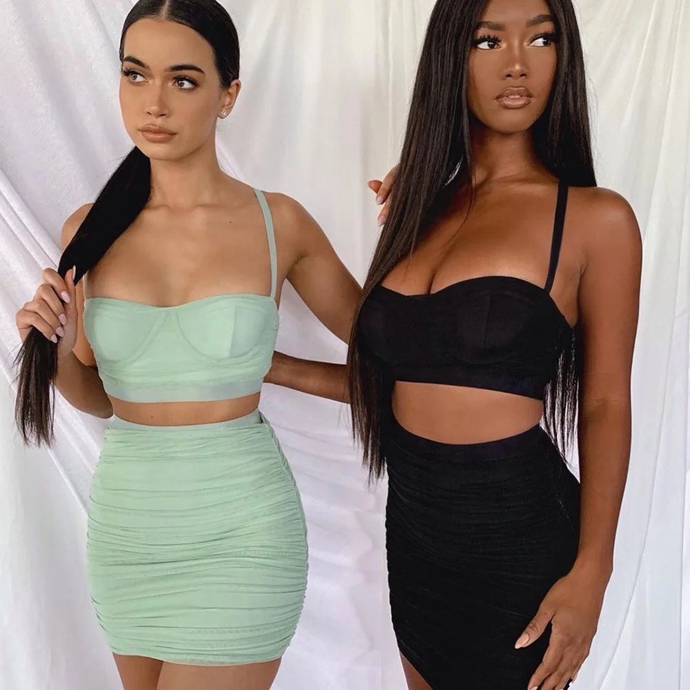 

DM Designer fashion summer net yarn top skirt 2 suit sexy nightclub party beach short dress casual two piece sets for women lady