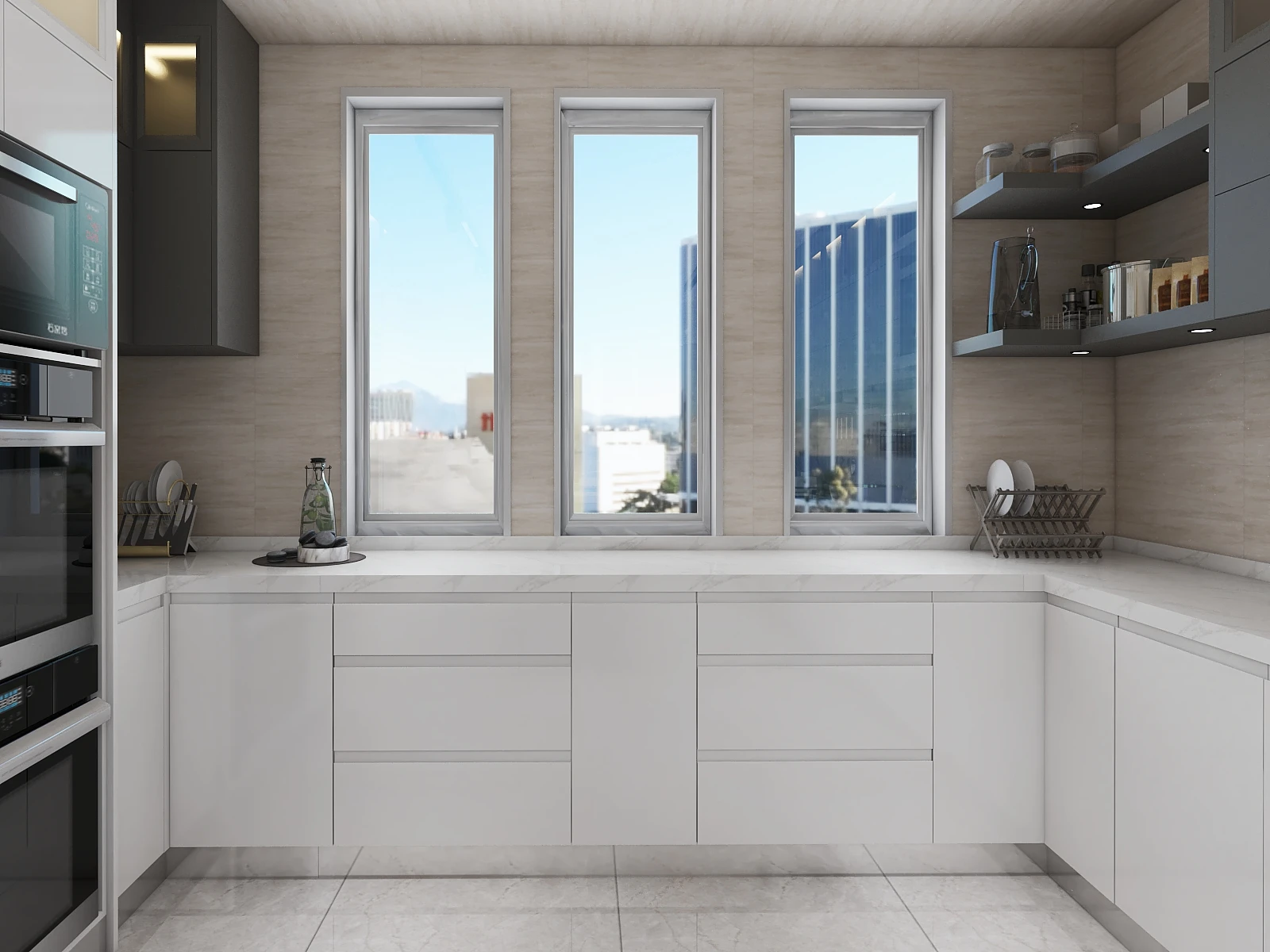 Armario De Cocina Moderno De Alto Brillo,Mueble Con Base Gris Y Armario