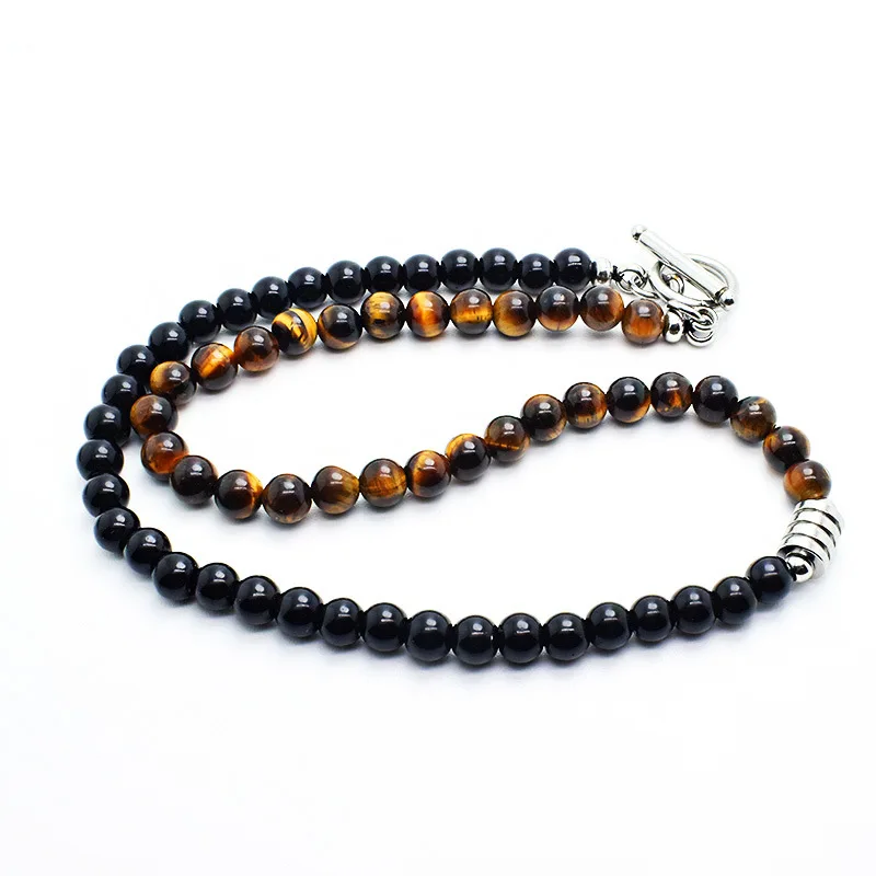 

High Quality Hip Hop Jewelry Natural Tiger Eye Map Stone Beaded Necklace Stainless Steel Chain Tiger Eyes Necklace For Men