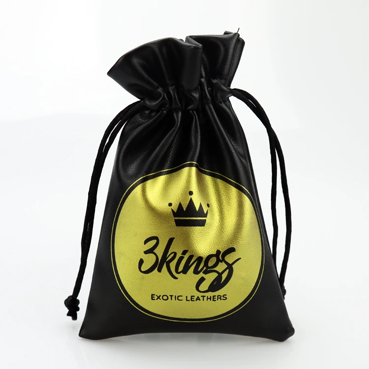 

High quality pu leather drawstring jewelry pouch bag custom with gold logo, Customized color