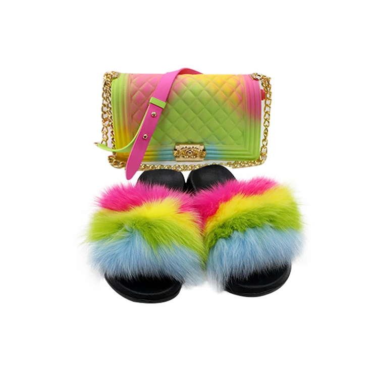 

wholesale 2020 fashion factory Customized handbags latest design women jelly purse with fox fur sandals matched