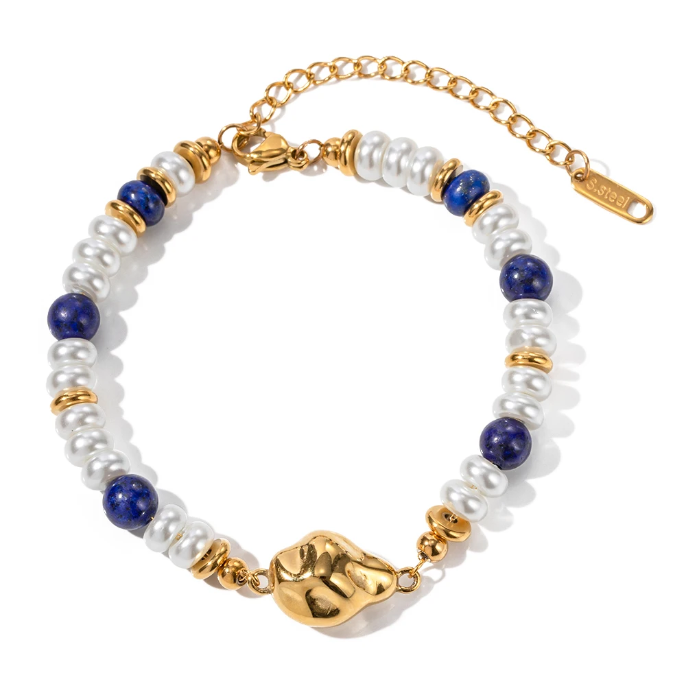 

Natural Stone Bead Bracelet 18K PVD Gold Plated Stainless Steel Lapis Pearl Chain Bracelet Jewelry For Women