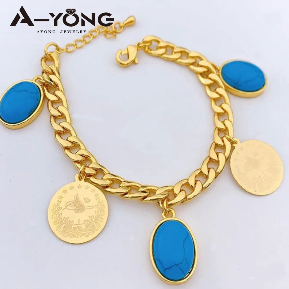 

Fashion Arabic Styles Ladies Brass Material Turkish Gold Coin Pendant Bracelet Luxury Drawstring Bracelet For Women