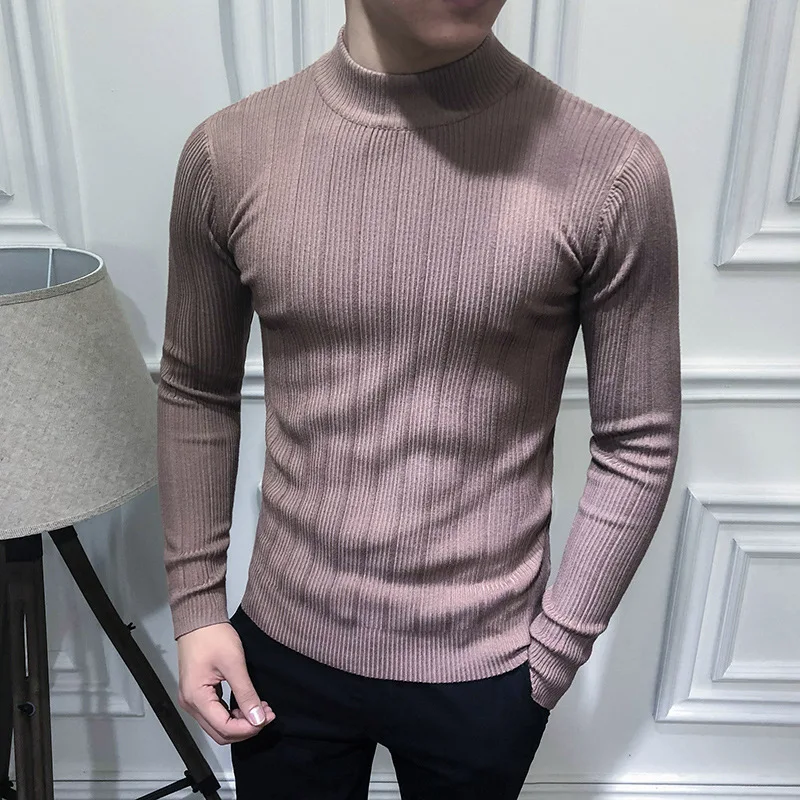 

New arrival custom wholesale men's sweaters casual striped color sweater men's half-high collar stretch tight sweater tops, Customized color