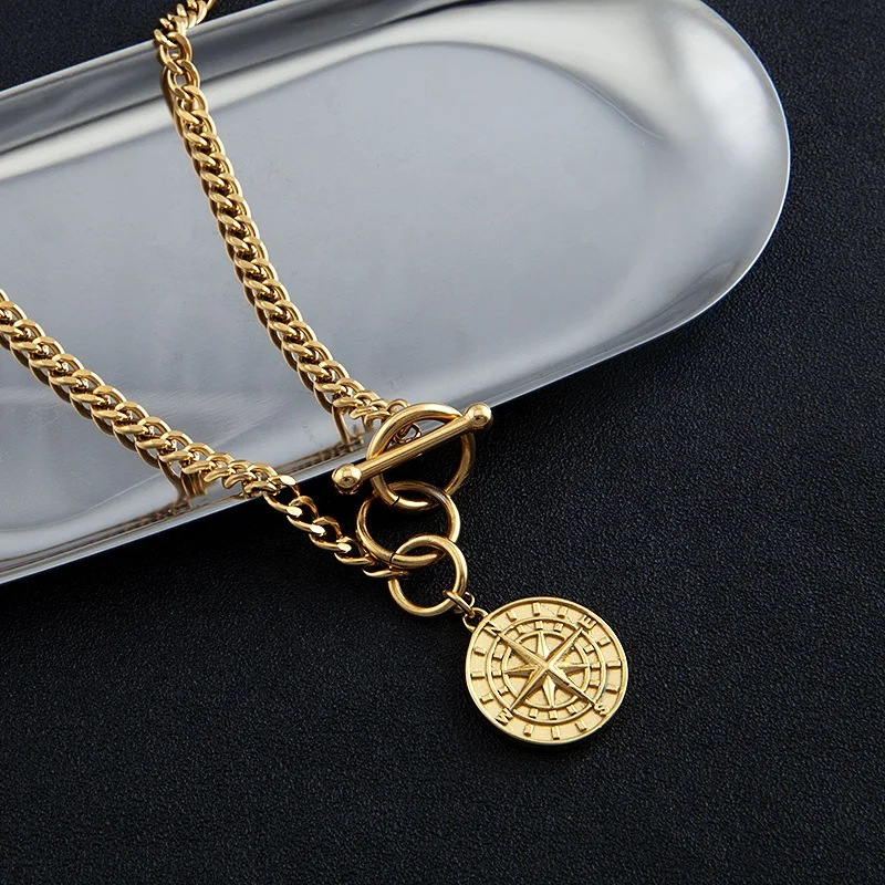 

Globe Travel Jewelry Gold Plated Cuban Chain With Disc Compass Coin Pendant Necklace Unisex, Gold/silver