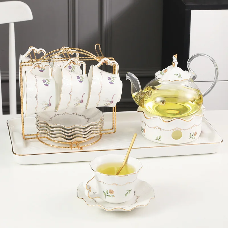 

European afternoon tea coffee cup glass flower teapot set creative candle heating fruit teapot teacup combination ethiopian, White