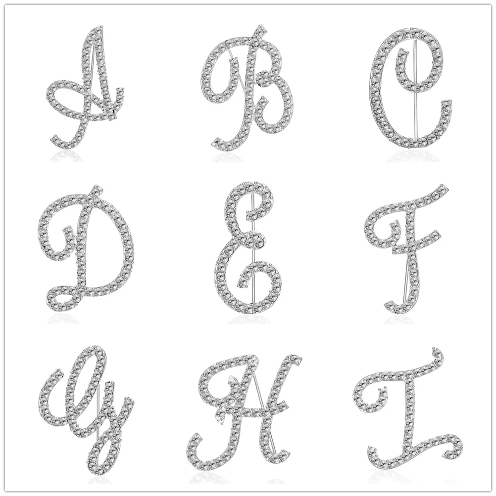 

Couple rhinestone silver color 26 Letter design brooches luxury crystal pearl gold brooch pin for women lady girls gift, As shown in picture