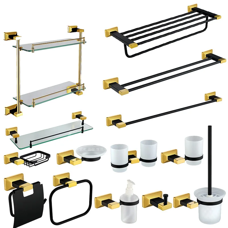 

New Design Black Gold Wall Mounted Bathroom Accessories Set, Black and gold