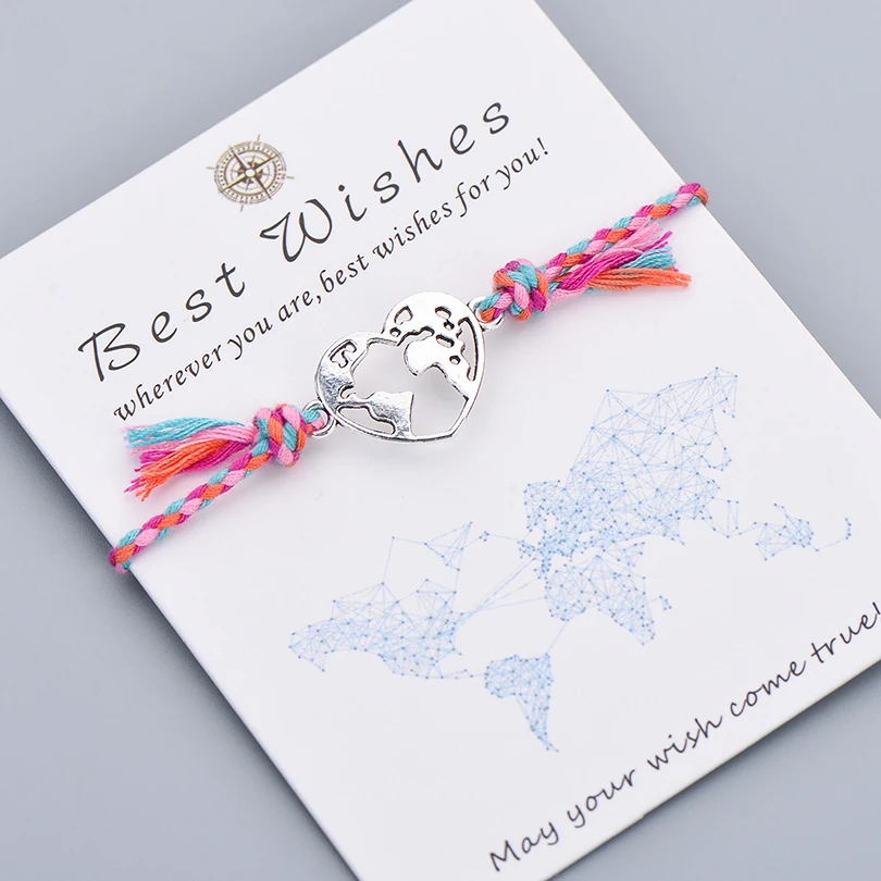 

Bohemian Style Rope Braided Heart Bracelet Lover Couple Best Wishes World Map Charm Bracelets Women Wish Jewelry Gift