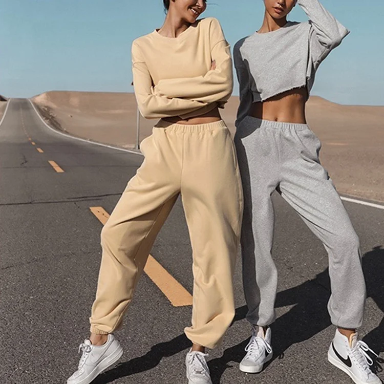 

Hot Sale Two Piece solid color 100% cotton jogger pants and short crop top sweatshirt set for women woman designer blouse, Light grey/ blue/khaki