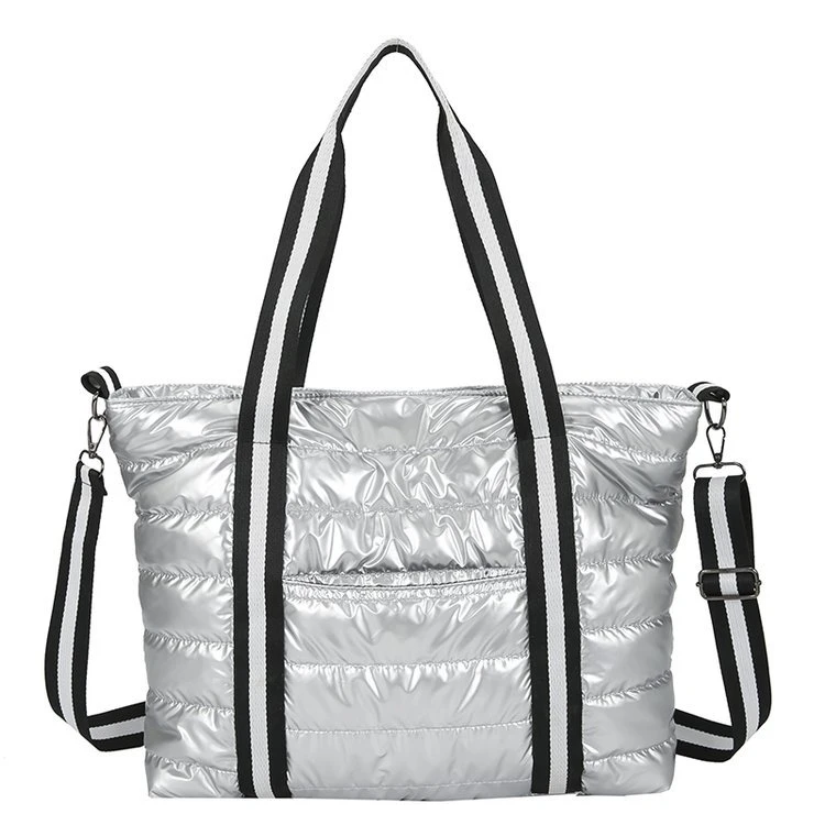 

Fashion Top Handle Bags Unique Large Capacity Leisure Polyester Lining Handbags SilverPuffer Grid Soft Nylon Woman Tote Bag, Silver,black,white blue