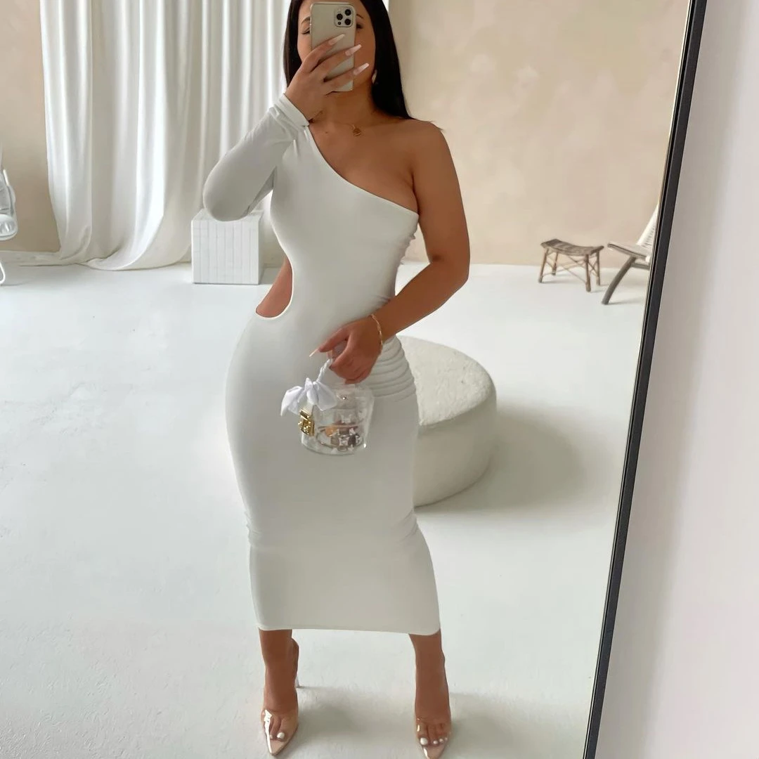 

Wholesale Woman Clothing Spring Summer Multi Color Sexy Backless Dress One Shoulder Hollow Out Fashionable Long Sexy Dress, White/brown/black/rose red