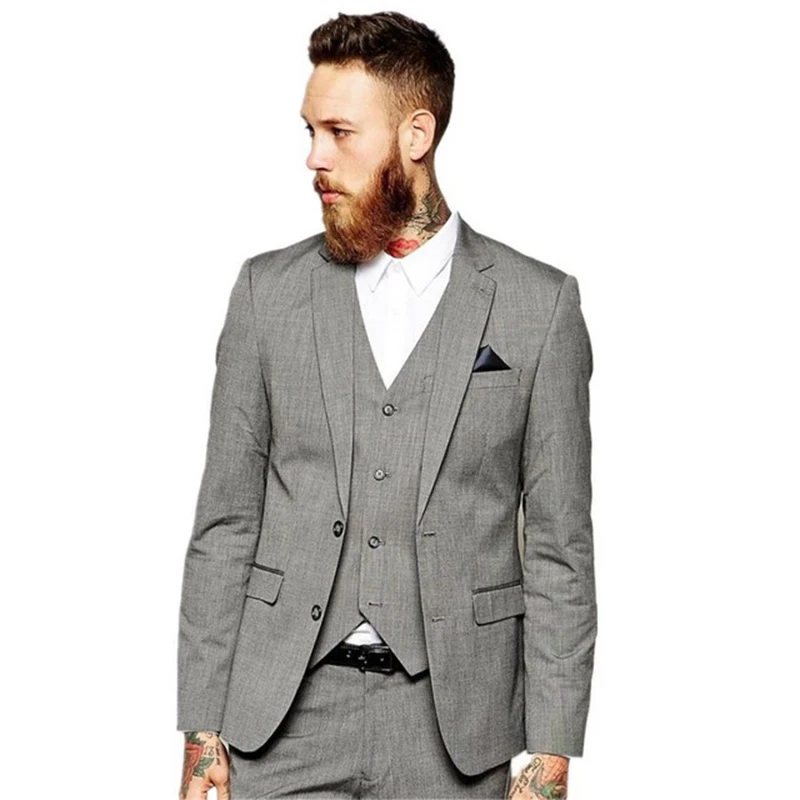 

New Design Slim Fit Suit for Men 3 Pieces Gray Groom Suit Wedding Tuxedos Custom Suits Mens