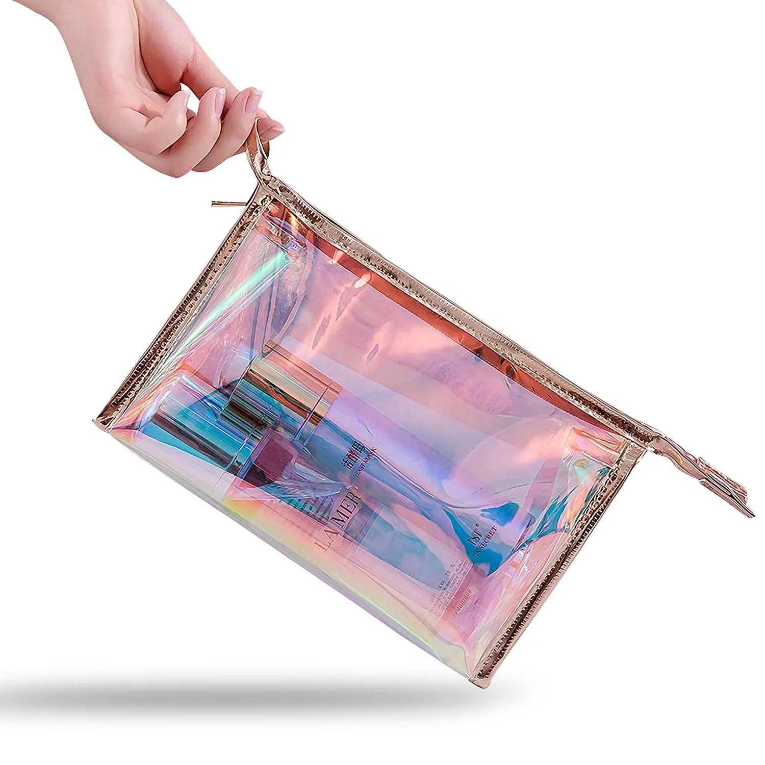 

Customize Logo Women PVC Holographic Makeup Bag Water proof Trendy Colorful Organizer Toiletry zip lock Bags