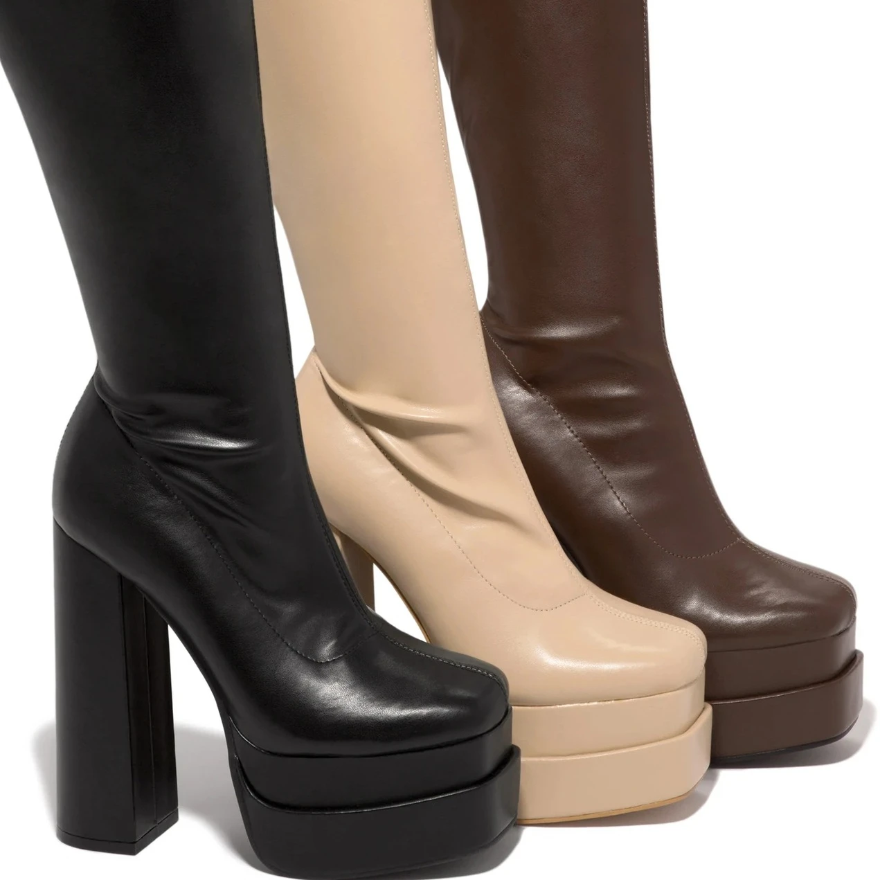 

2022 high-heeled over-the-knee boots square toe thick-soled over-the-knee boots leather elastic fashion boots, White,black