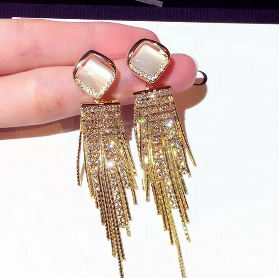 

New Woman Drop Earrings Big Super Long Tassel Triangle Shiny Rhinestone Dangle Earrings Fashion Accessories Trendy Jewelry, Picture shows