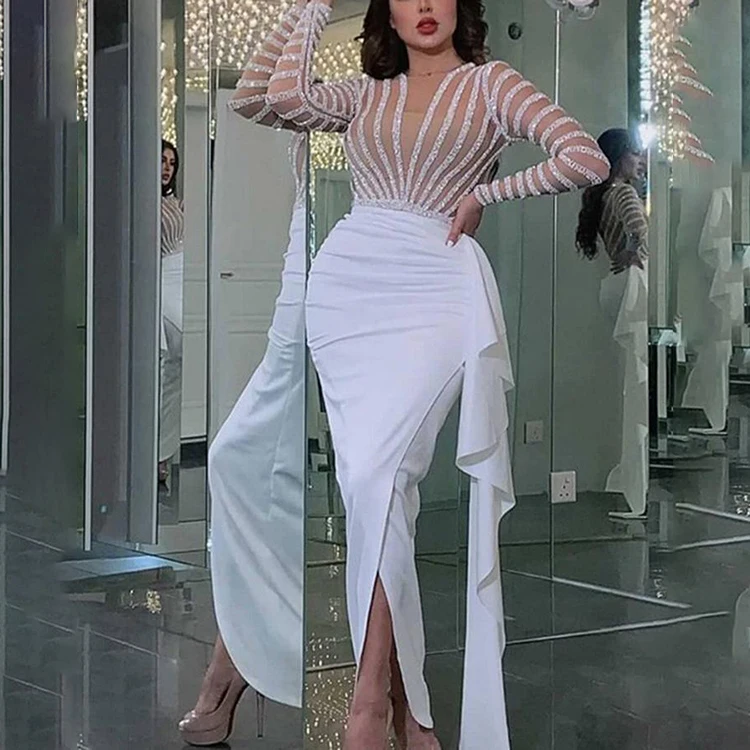 

Sequin Patchwork Bodycon Party Wear Dress Women Elegant Evening Dresses -PT, White