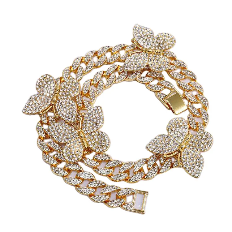 

Trendy cz stainless steel custom gold plated women diamond chain jewelry crystal butterfly necklace, Gold/silver color