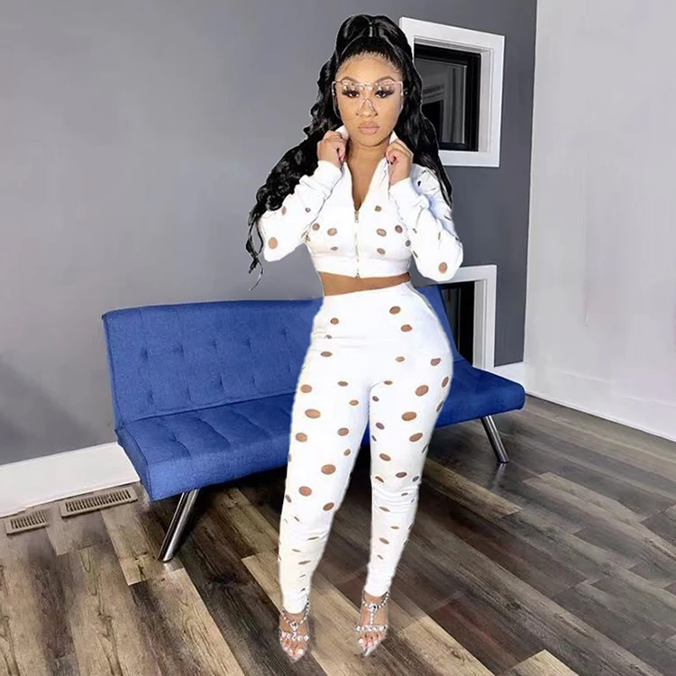 

Fashion Fall Women Clothes Plain Womens Outfit With Holes Zipper Top Two Piece Pants Set 2021, Orange,gray,white