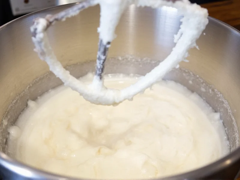 Mixing fluffy white cake batter in stainless steel bowl