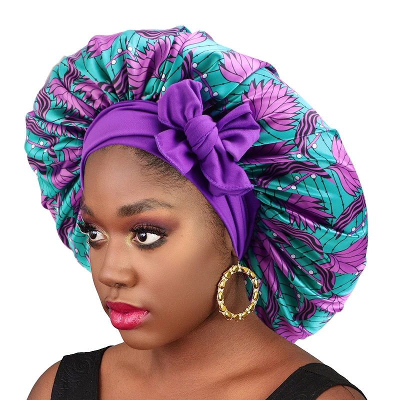 

2022 Fashion African Elastic Band Large Bonnets Satin Designer Hair Wraps For Women Hair Bonnet With Hair Tie