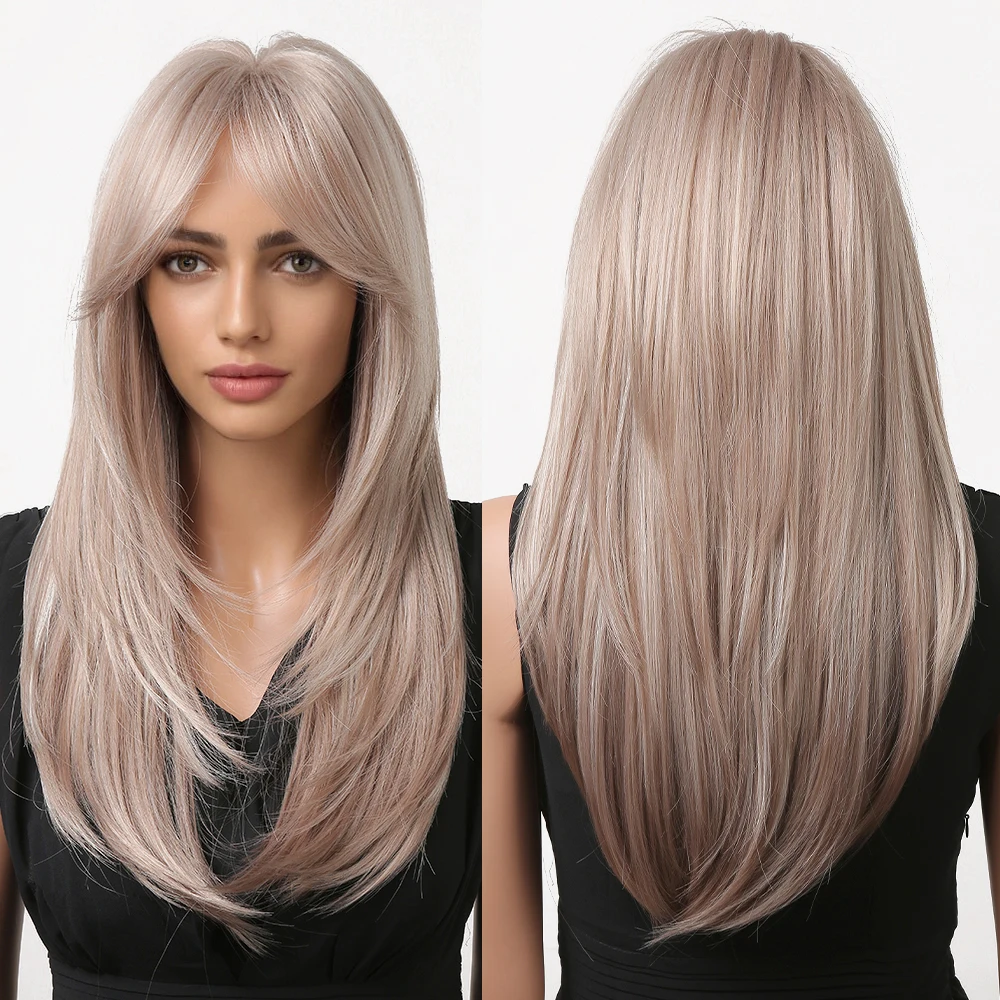 Factory Prepare for Shipment Long Straight Ash Blonde Synthetic Wigs for White Women Layered Wig with Long Bangs Natural Hair