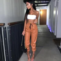 

New PU Leather Women Harem Pants Casual High Waist Elastic Faux Leather Trousers For Women Autumn Pants Streetwear Y12209