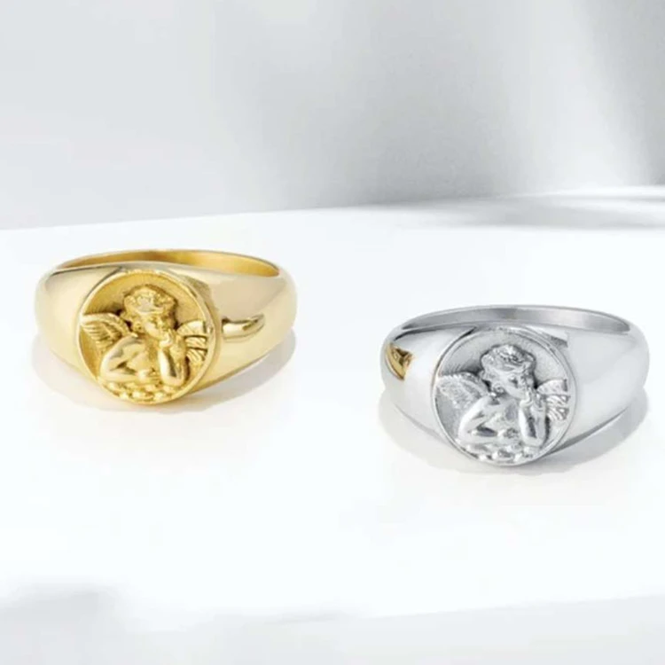 

18K Gold Plated Stainless Steel Jewelry Cupid Angel Ring for Women, Gold, silver, rose gold, black