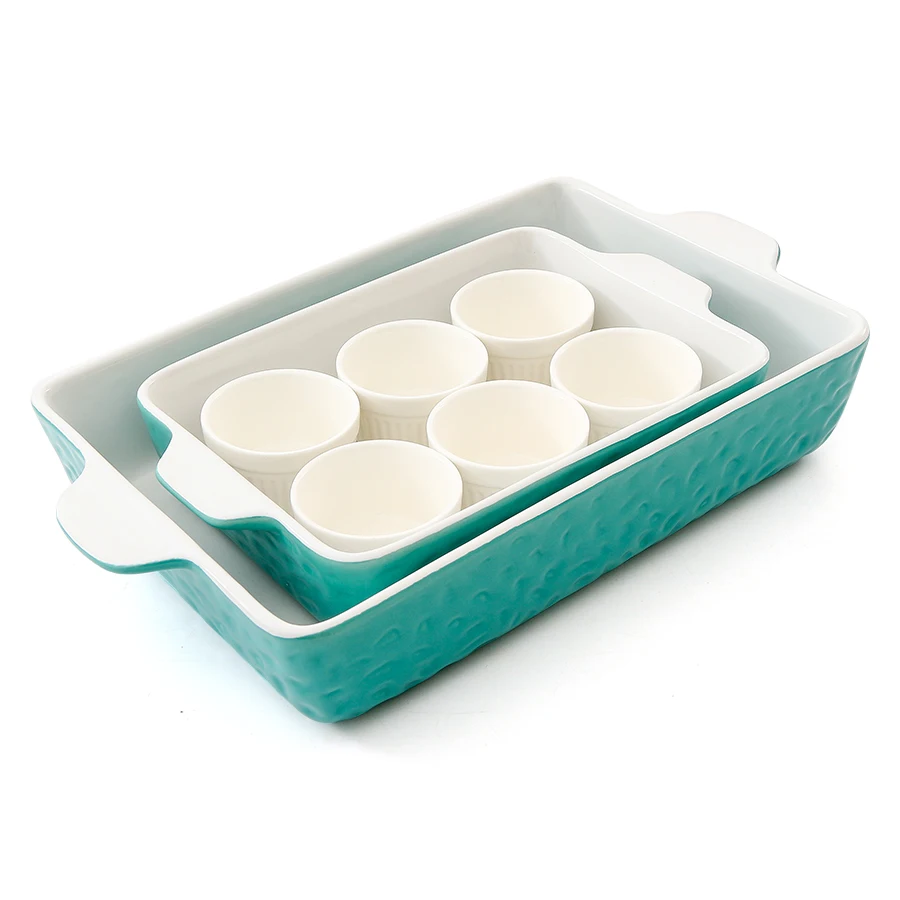 

Porcelain Bakeware Set of 8 with Lasagna Pan Rectangular Baking Pan and 6 Ramekins Ceramic Baking Dish Set, White/green/custom color