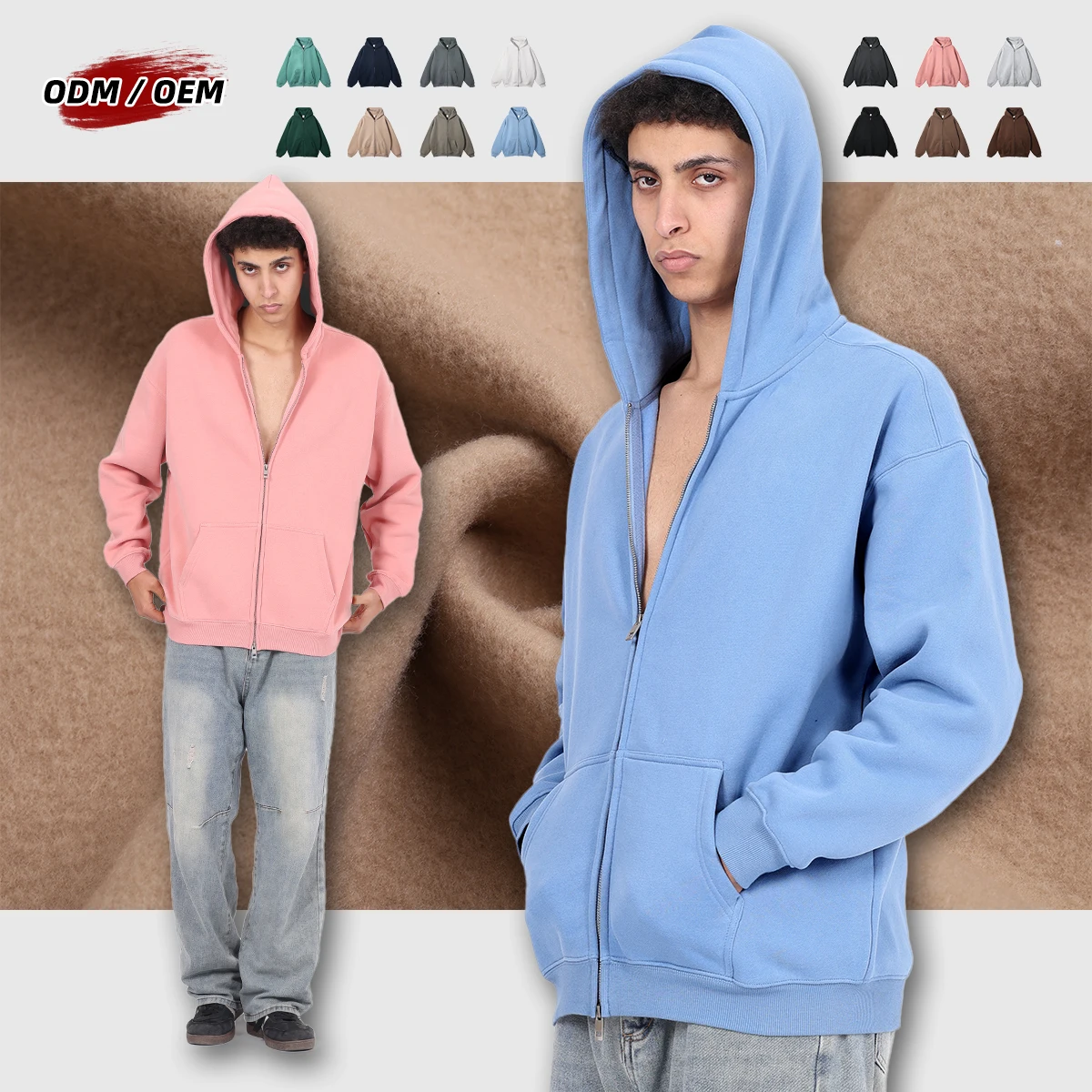 SanDian High Quality Metal Zipper 350G Velvet Mens Jackets Ribbed Cuff Custom Hoodie Long Sleeve Zip up Hoodies