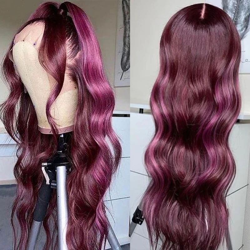 

Body Wave Colored Human Hair Lace Front Wigs 130% Density Highlight 99J Burgundy And Pink Remy Brazilian Wig For Black Women, Ombre color
