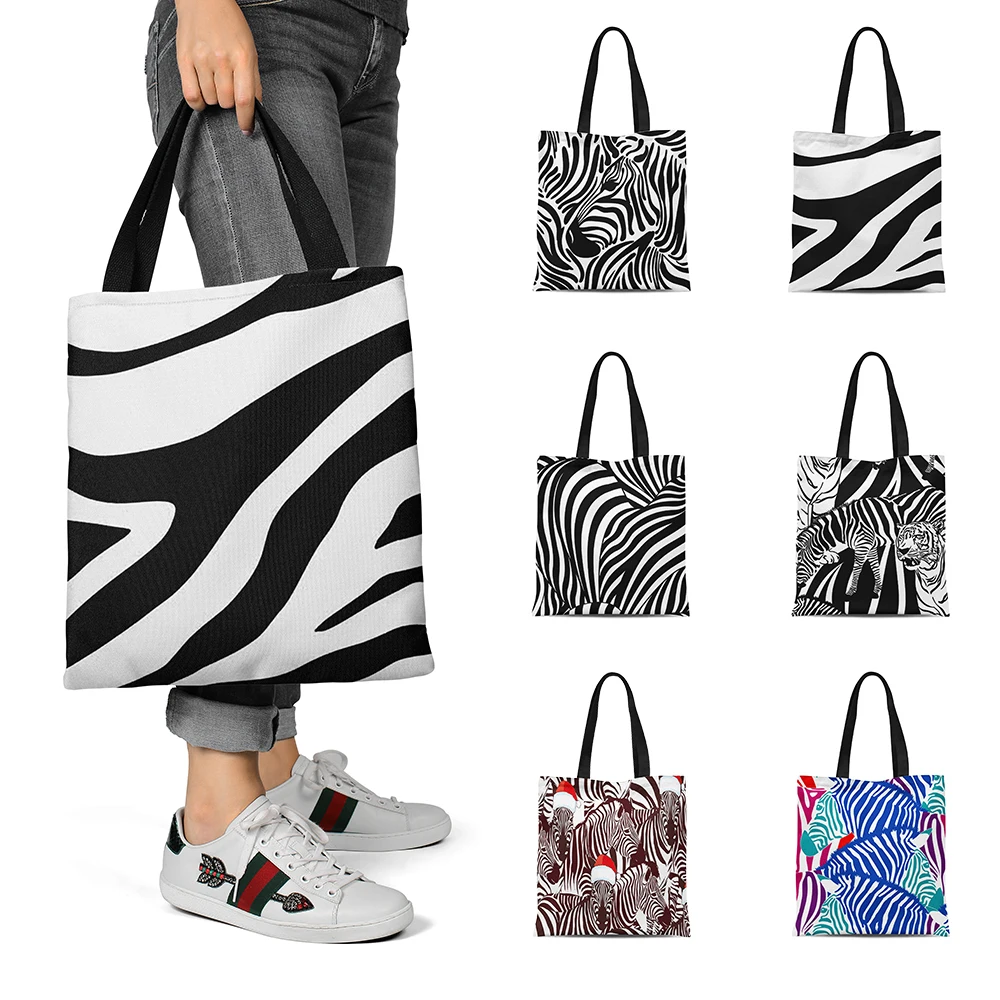 

New Zebra Pattern Canvas Tote Bag With Zipper Female Shopping Shoulder Bag School Reusable Grocery Bag Eco Large-capacity