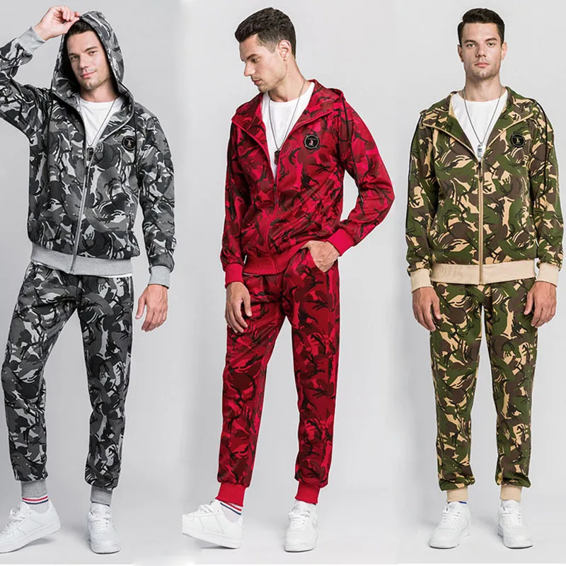 

Men Camouflage Hoodie Sweatpants Joggers Suits Set Hoodies Zipper Sweatshirts Two Pieces For Men Tracksuit, As photo