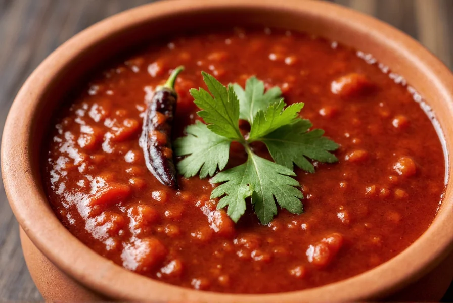 Close-up of traditional Mexican adobo chili sauce in clay bowl with fresh cilantro garnish and whole dried chilies