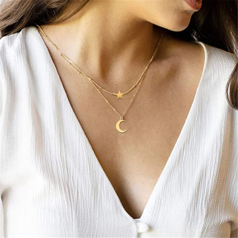 

Factory Direct Moon Horn Crescent Star Pendant Necklace Double Layer Stainless Steel Bead Link Half Star Moon Necklace