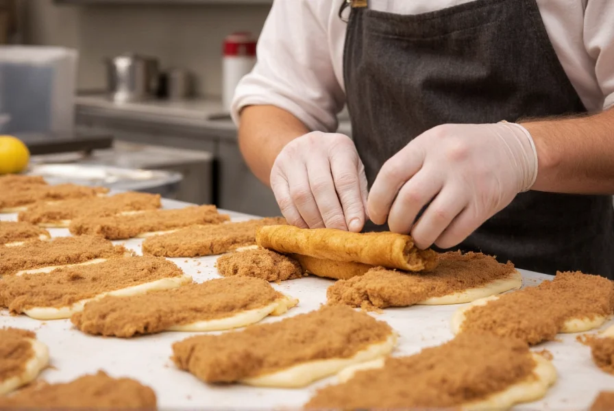 Baker carefully rolling cinnamon-sugar mixture into fresh dough at a local bakery