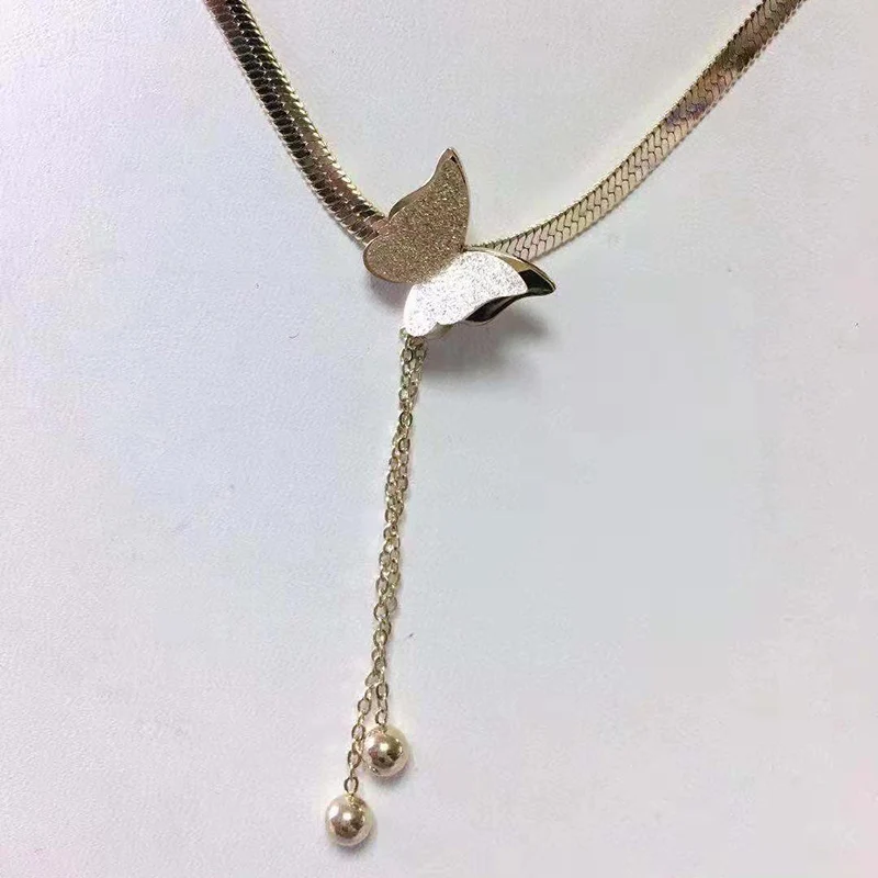 

Fashion 14K Gold Plated Stainless Steel Necklace Butterfly Shape Snake Chain Double Layers Necklace