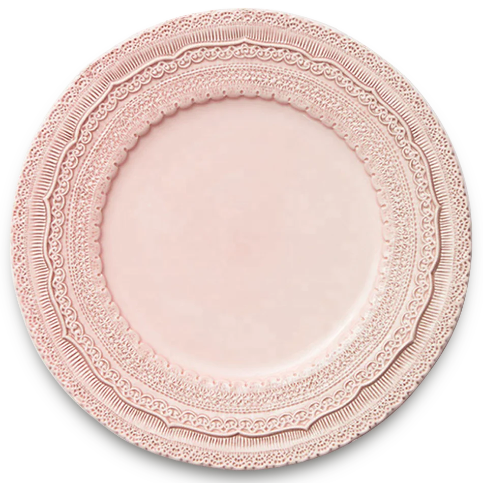 

JACOTTA wholesale  pottery embossed plate ceramic crockery dinner dishes wedding pink lace charger plates, Pink,blue,beige
