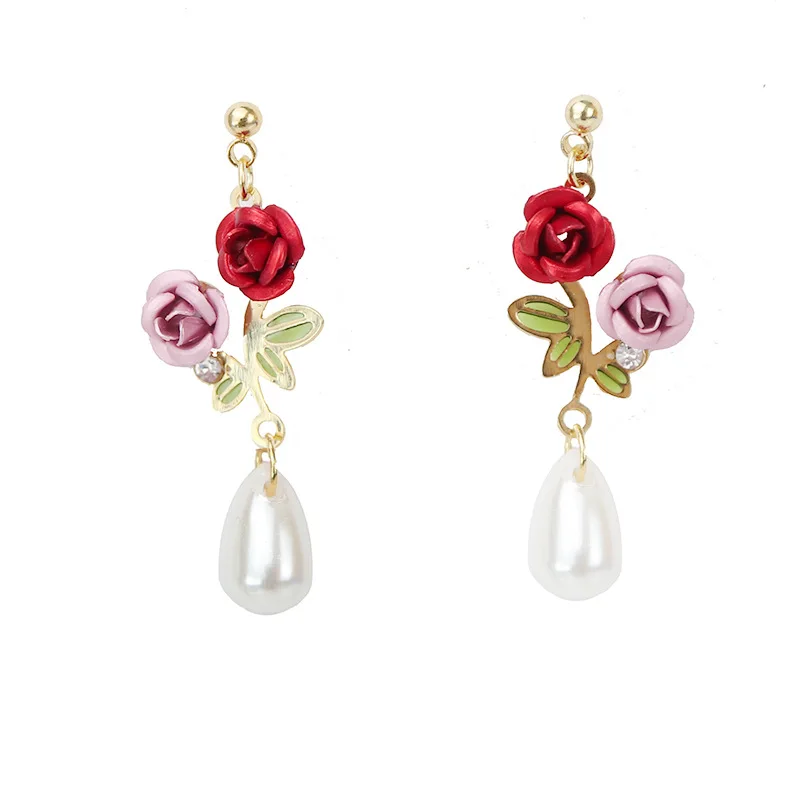 

S925 Silver Needle Rose Flower Pearl Pendant Earring Resin Clip Without Earhole For Girls, As pic shown