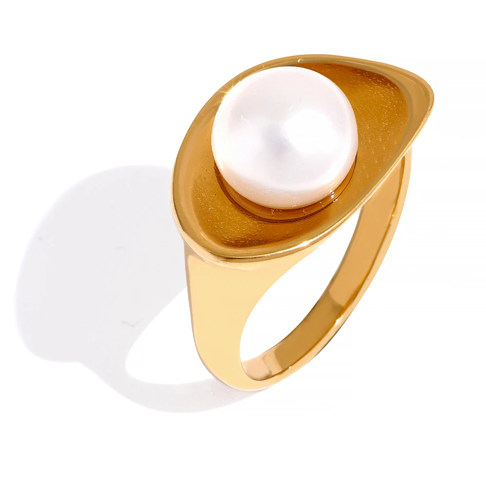 

JINYOU 230 Tarnish Free Natural Freshwater Pearl Stainless Steel Ring 18K Gold Plated Temperament Chic Jewelry Women