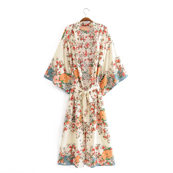 

WT849 European Women Floral Print Sashes Slim Waist Rayon Kimono Dress National Beach Boheomian Cardigan Robe Clothing