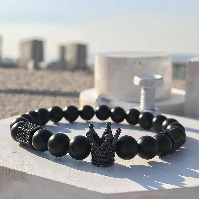 

Wholesale fashion accessories 8mm Black Stones bead Rhinestone Men Crown Bracelet For Gifts designer charms for diy bracelet